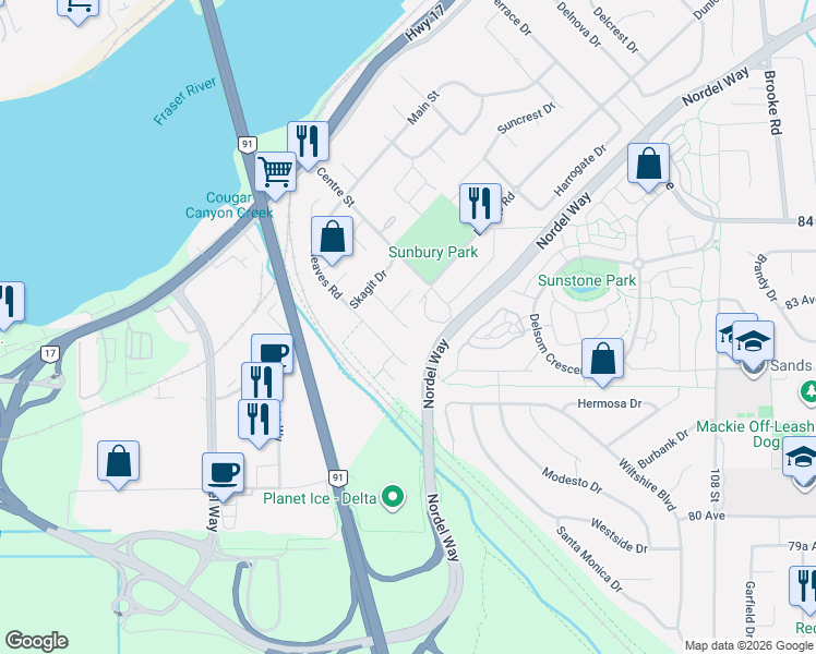 map of restaurants, bars, coffee shops, grocery stores, and more near 8200 Nechako Drive in Delta