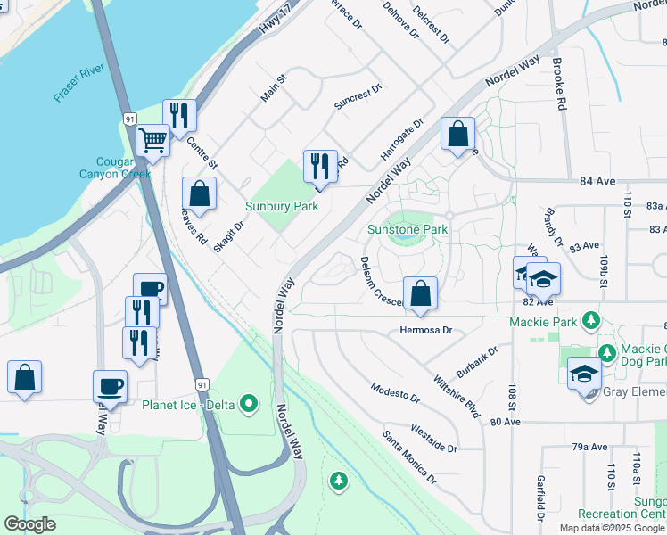 map of restaurants, bars, coffee shops, grocery stores, and more near 10489 Delsom Crescent in Delta