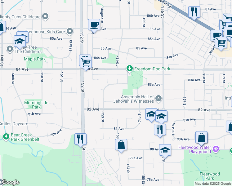 map of restaurants, bars, coffee shops, grocery stores, and more near 8282 153B Street in Surrey