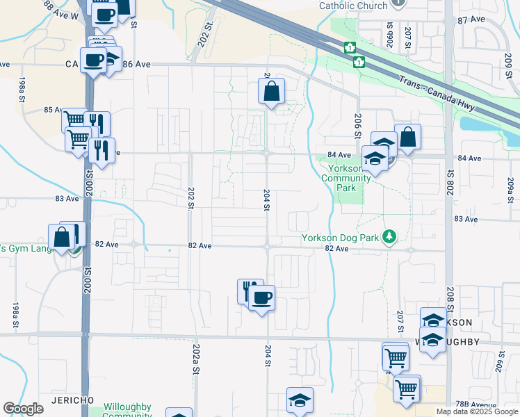map of restaurants, bars, coffee shops, grocery stores, and more near 20247 82B Avenue in Langley City