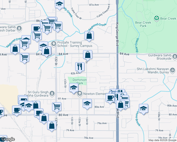 map of restaurants, bars, coffee shops, grocery stores, and more near 8254 134 Street in Surrey