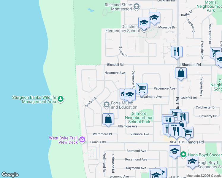 map of restaurants, bars, coffee shops, grocery stores, and more near 8100 Fairlane Road in Richmond