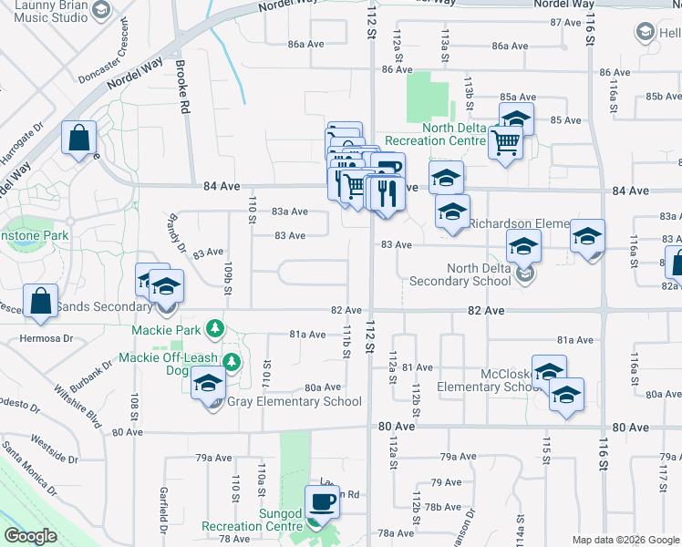 map of restaurants, bars, coffee shops, grocery stores, and more near 8259 111B Street in Delta