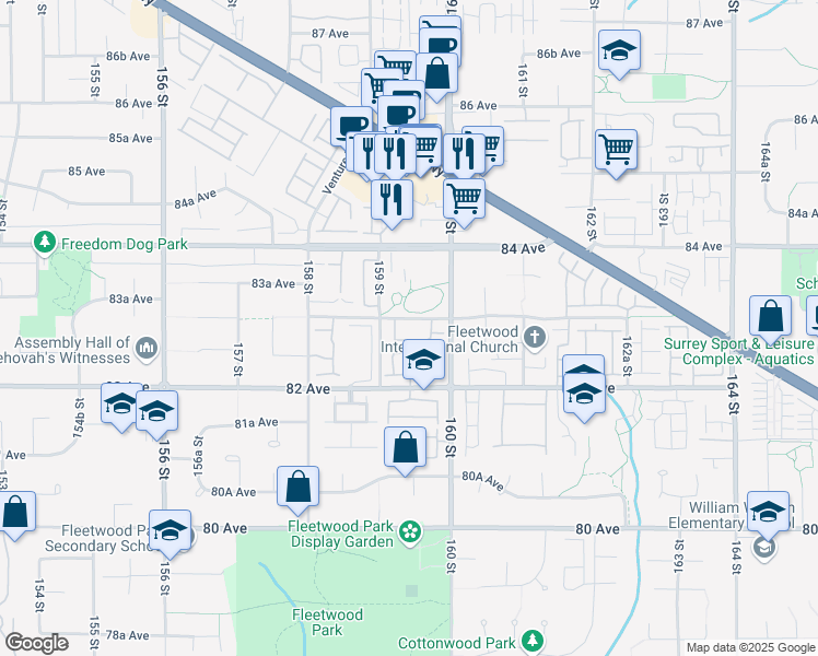 map of restaurants, bars, coffee shops, grocery stores, and more near 15988 83 Avenue in Surrey
