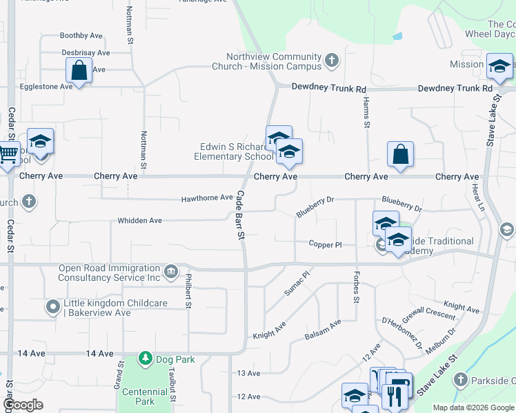 map of restaurants, bars, coffee shops, grocery stores, and more near 33359 Whidden Avenue in Mission