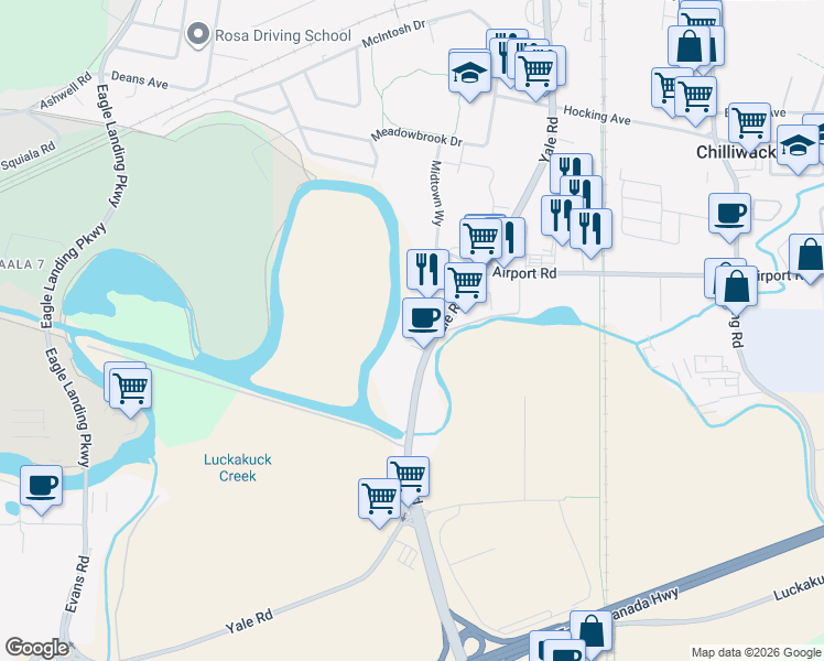 map of restaurants, bars, coffee shops, grocery stores, and more near 45575 Yale Road in Chilliwack