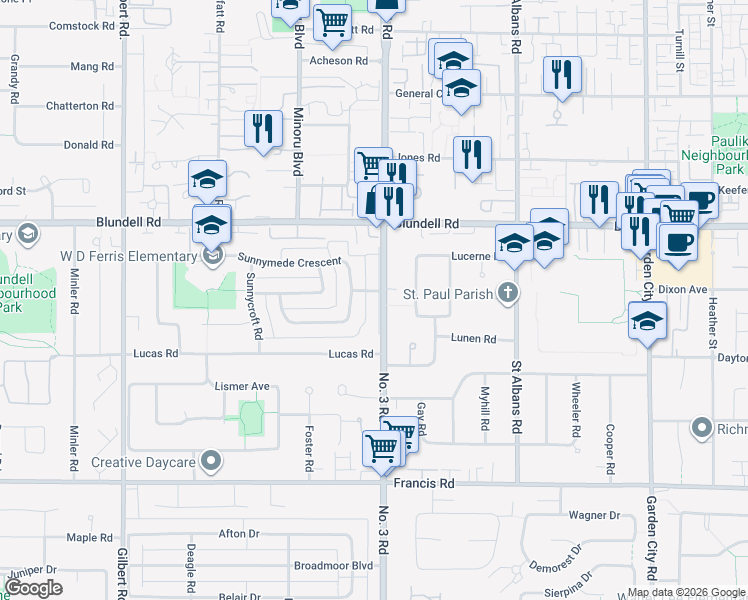 map of restaurants, bars, coffee shops, grocery stores, and more near in Richmond