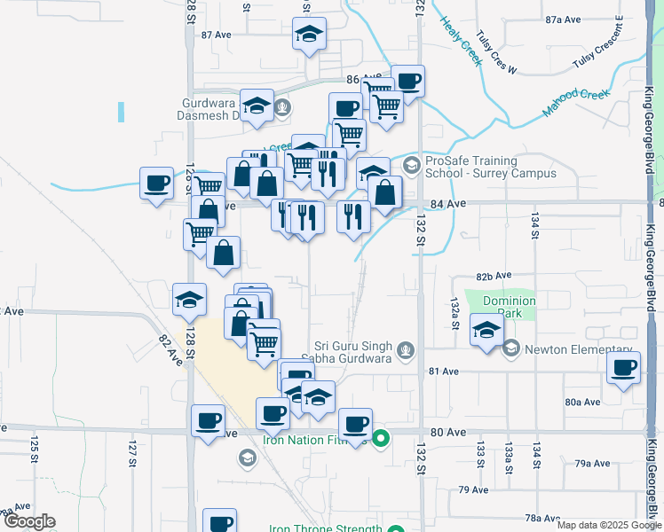 map of restaurants, bars, coffee shops, grocery stores, and more near 8310 130 Street in Surrey
