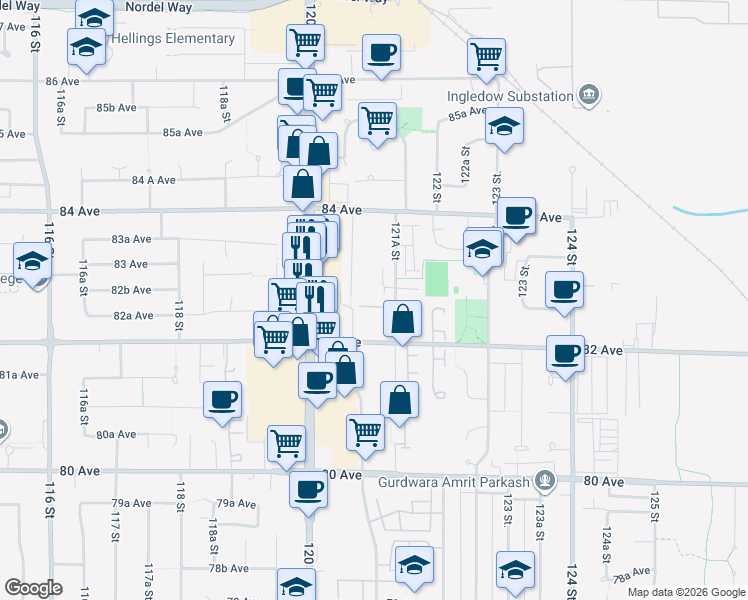 map of restaurants, bars, coffee shops, grocery stores, and more near 8257 121A Street in Surrey
