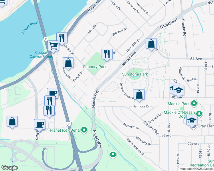 map of restaurants, bars, coffee shops, grocery stores, and more near 63-10489 Delsom Crescent in Delta