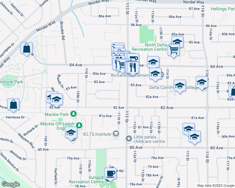 map of restaurants, bars, coffee shops, grocery stores, and more near 8269 111B Street in Delta