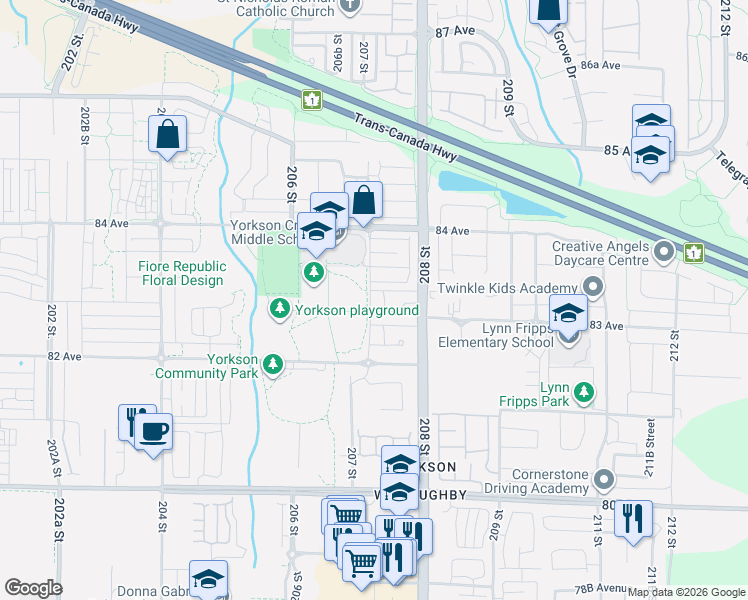 map of restaurants, bars, coffee shops, grocery stores, and more near in Langley Township