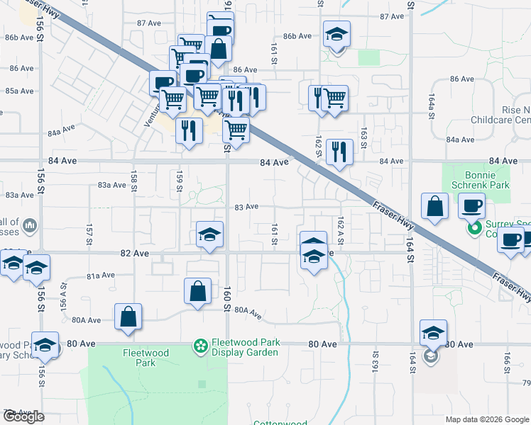 map of restaurants, bars, coffee shops, grocery stores, and more near 16068 83 Avenue in Surrey