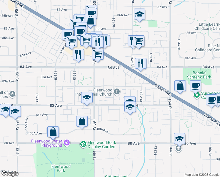 map of restaurants, bars, coffee shops, grocery stores, and more near 16068 83 Avenue in Surrey