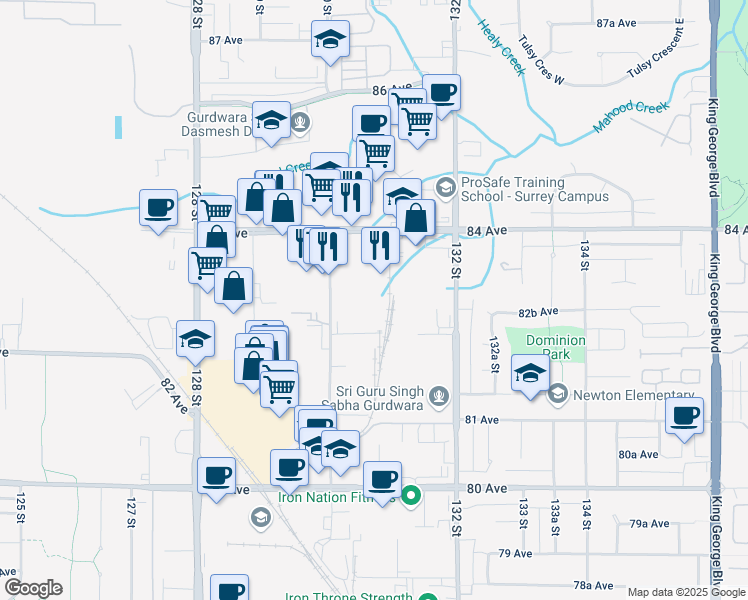 map of restaurants, bars, coffee shops, grocery stores, and more near 8310 130 Street in Surrey