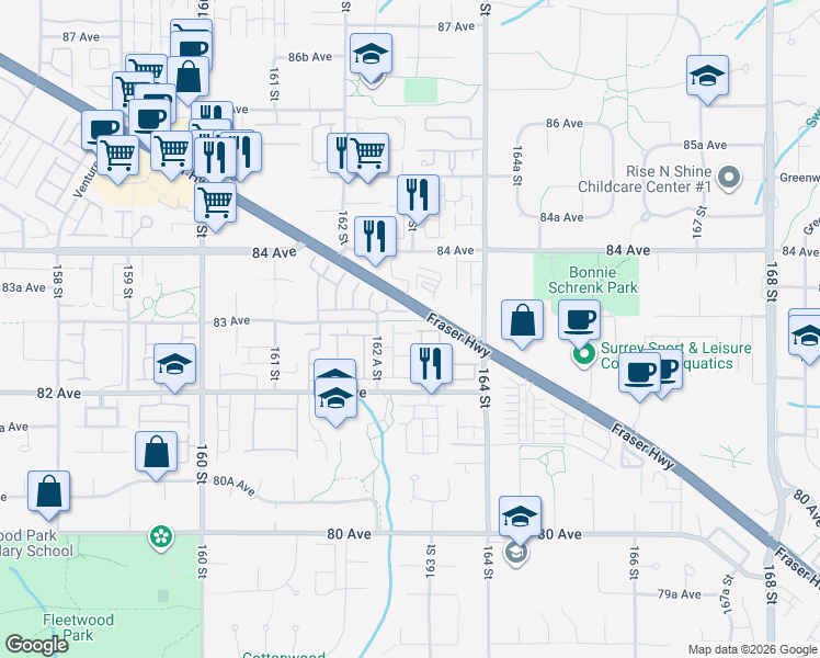 map of restaurants, bars, coffee shops, grocery stores, and more near 8260 162 A Street in Surrey