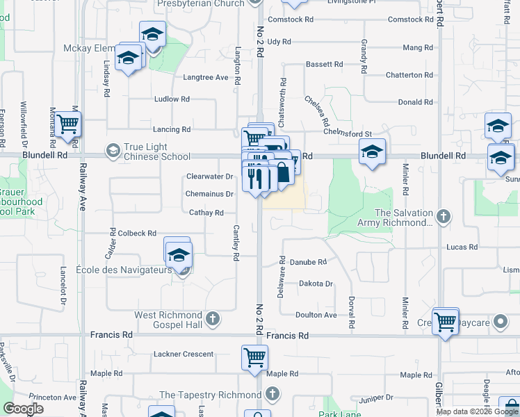 map of restaurants, bars, coffee shops, grocery stores, and more near Number 2 Road in Richmond