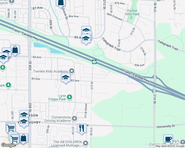 map of restaurants, bars, coffee shops, grocery stores, and more near 21195 83A Avenue in Langley