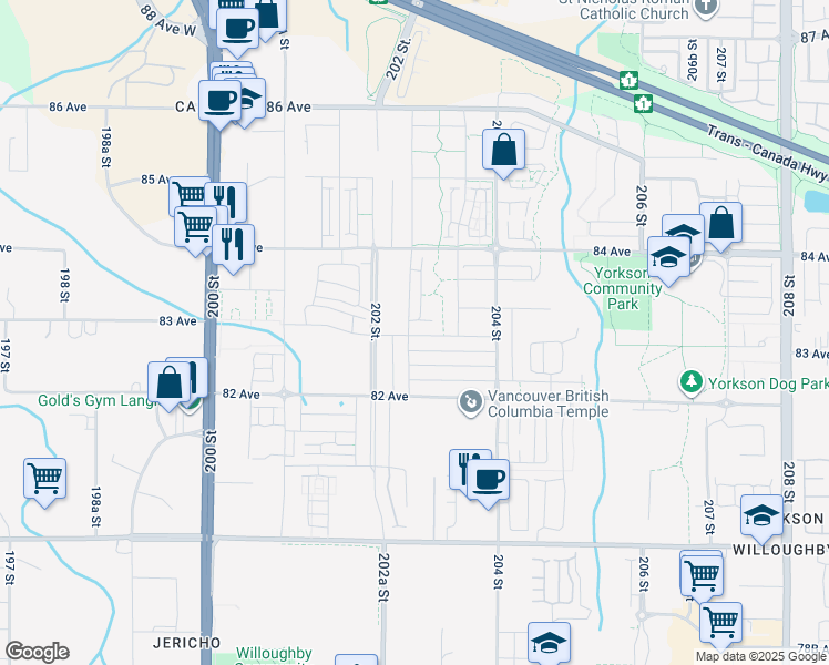 map of restaurants, bars, coffee shops, grocery stores, and more near 20267 82B Avenue in Langley Township