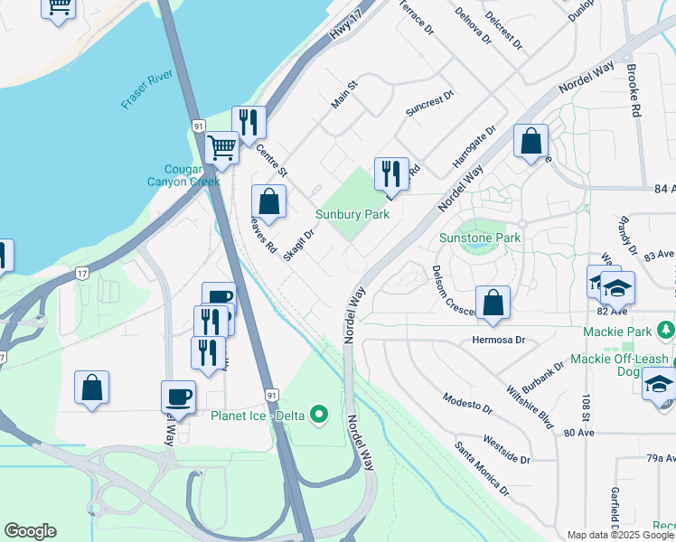 map of restaurants, bars, coffee shops, grocery stores, and more near 8222 Nechako Drive in Delta