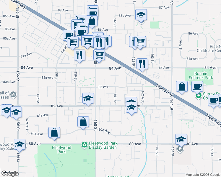 map of restaurants, bars, coffee shops, grocery stores, and more near 16068 83 Avenue in Surrey