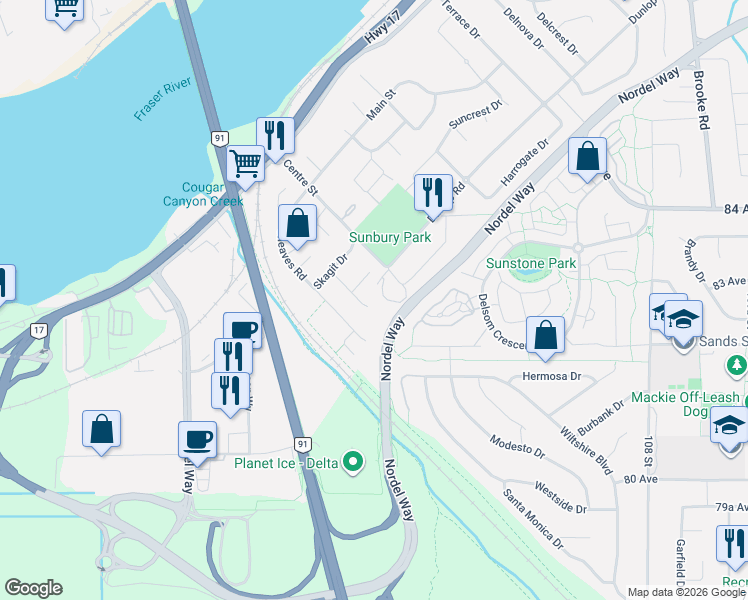 map of restaurants, bars, coffee shops, grocery stores, and more near 8222 Nechako Drive in Delta