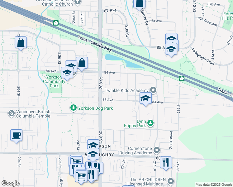 map of restaurants, bars, coffee shops, grocery stores, and more near 20861 83 Avenue in Langley Township