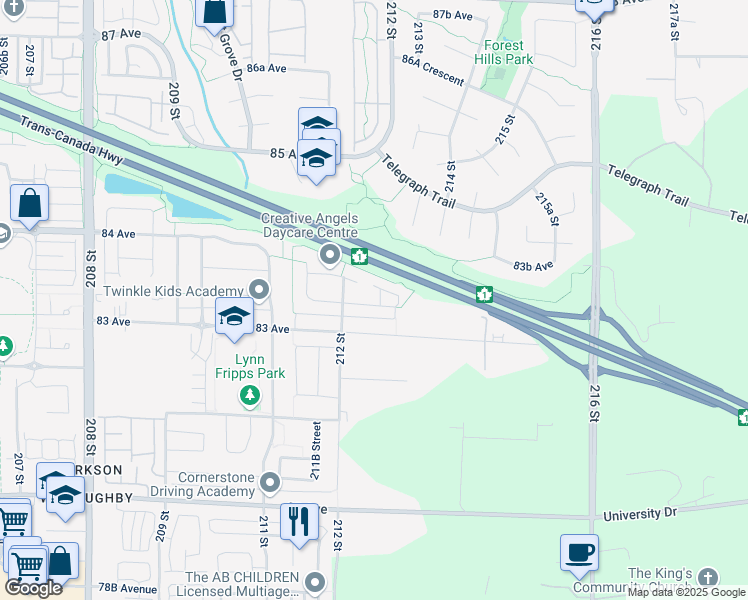 map of restaurants, bars, coffee shops, grocery stores, and more near 21267 83A Avenue in Langley Township