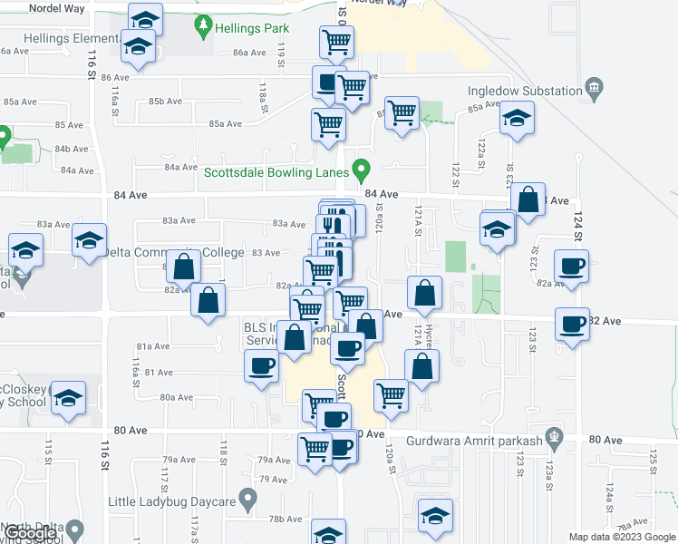 map of restaurants, bars, coffee shops, grocery stores, and more near 8255 120 Street in Delta