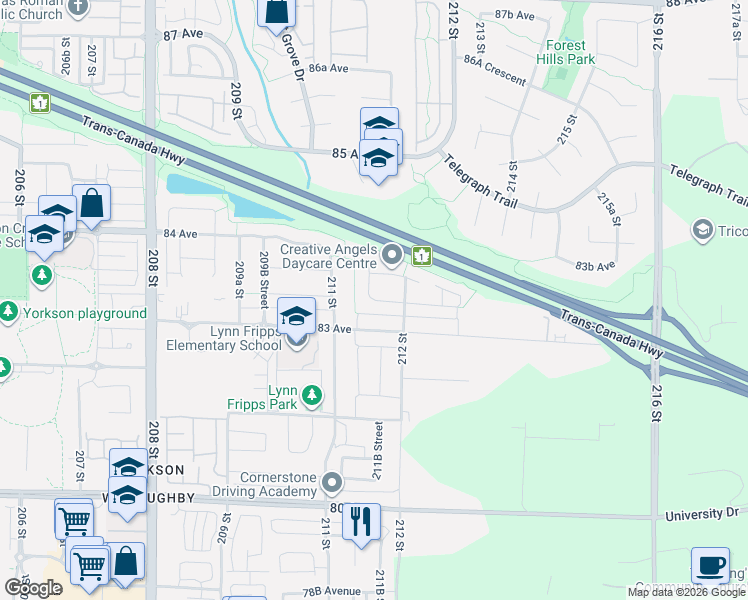 map of restaurants, bars, coffee shops, grocery stores, and more near in Langley Township