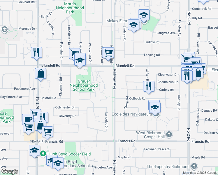 map of restaurants, bars, coffee shops, grocery stores, and more near 8120 Colonial Drive in Richmond