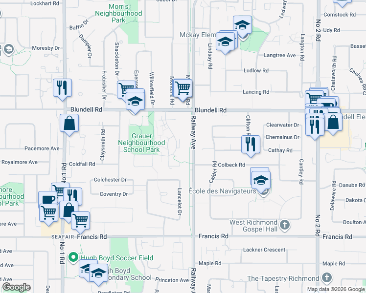 map of restaurants, bars, coffee shops, grocery stores, and more near 8120 Colonial Drive in Richmond