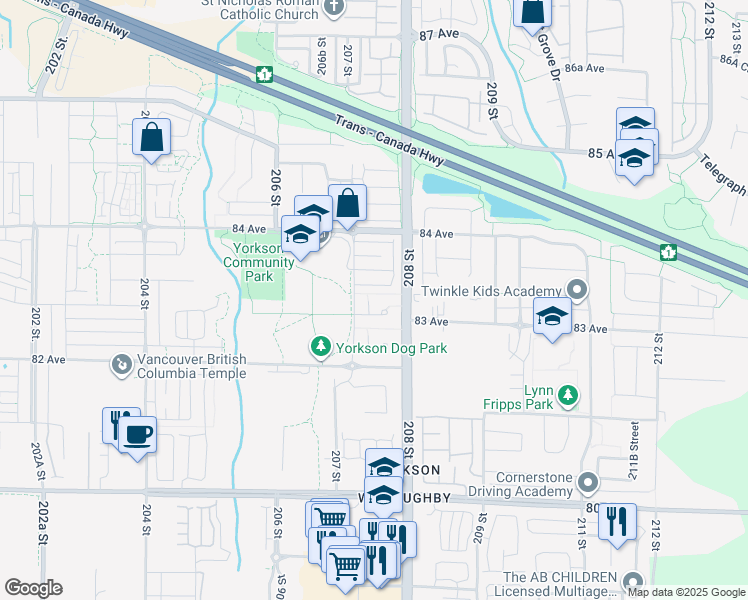 map of restaurants, bars, coffee shops, grocery stores, and more near 8328 207A Street in Langley Township