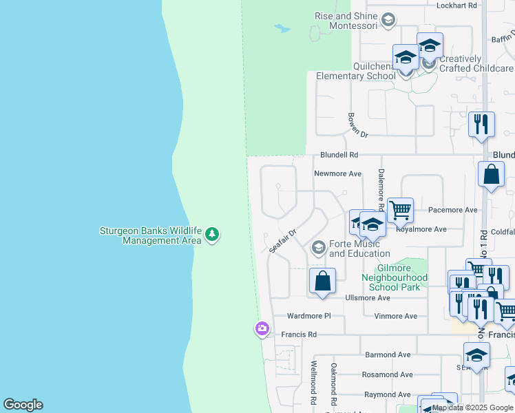 map of restaurants, bars, coffee shops, grocery stores, and more near 8140 Fairdell Crescent in Richmond