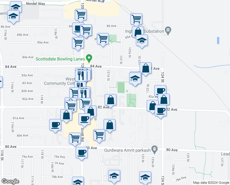 map of restaurants, bars, coffee shops, grocery stores, and more near 8280 121A Street in Surrey