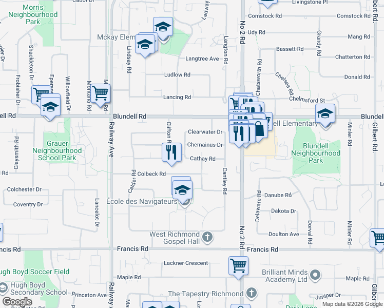 map of restaurants, bars, coffee shops, grocery stores, and more near 5491 Cathay Road in Richmond