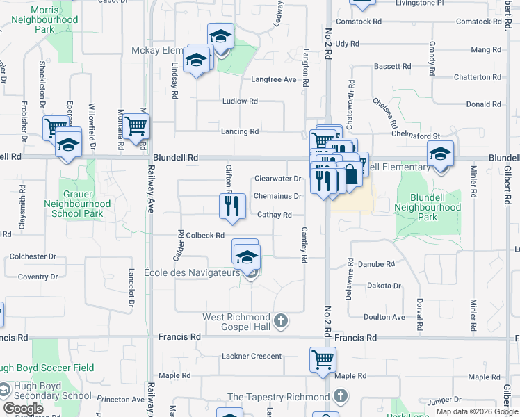 map of restaurants, bars, coffee shops, grocery stores, and more near 5471 Cathay Road in Richmond