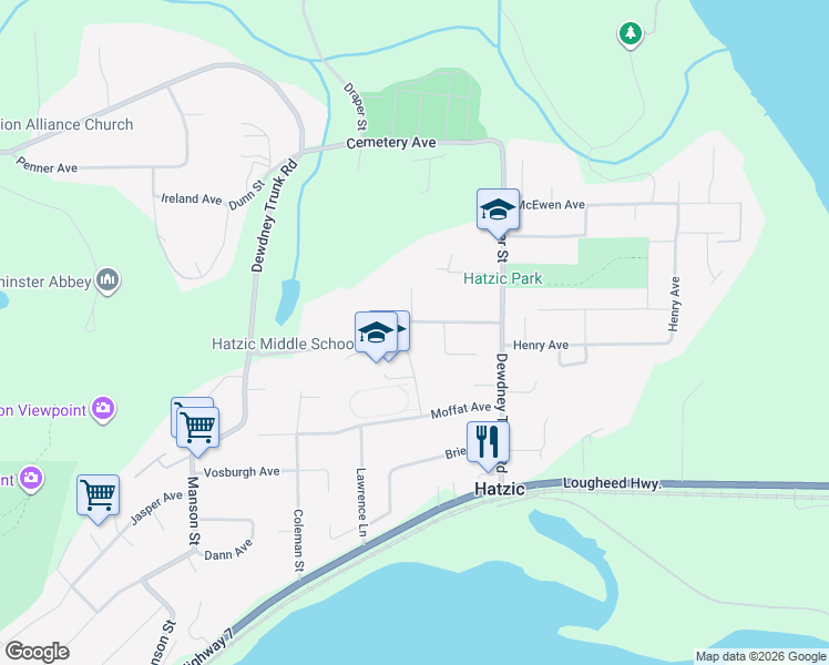 map of restaurants, bars, coffee shops, grocery stores, and more near 34870 Dewdney Trunk Road in Mission