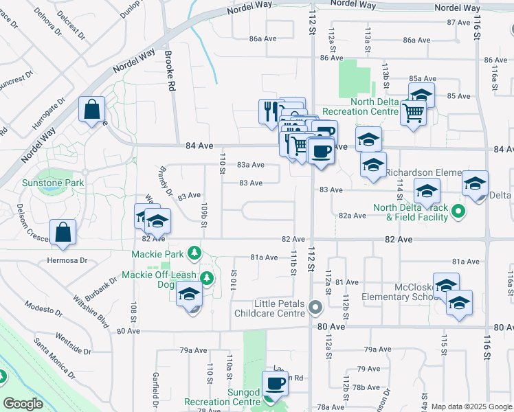 map of restaurants, bars, coffee shops, grocery stores, and more near 11074 Fuller Crescent North in Delta