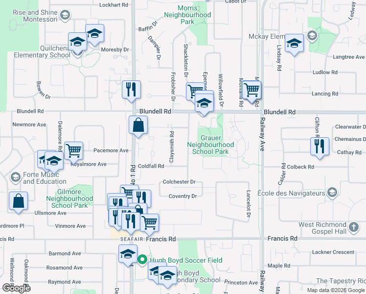 map of restaurants, bars, coffee shops, grocery stores, and more near 8191 Claybrook Road in Richmond