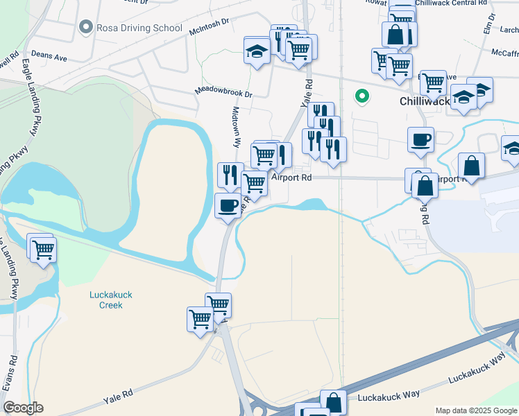 map of restaurants, bars, coffee shops, grocery stores, and more near Rainbow Road in Chilliwack