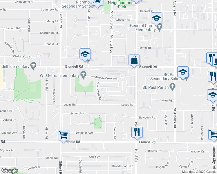 map of restaurants, bars, coffee shops, grocery stores, and more near 7691 Sunnydene Road in Richmond