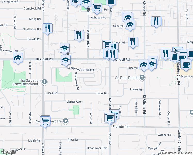 map of restaurants, bars, coffee shops, grocery stores, and more near 7800 Sunnydene Road in Richmond