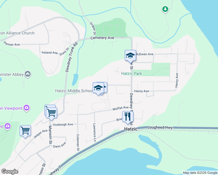 map of restaurants, bars, coffee shops, grocery stores, and more near 34870 Dewdney Trunk Road in Mission