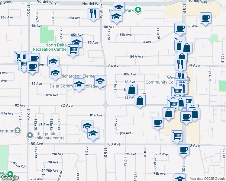 map of restaurants, bars, coffee shops, grocery stores, and more near 8267 116A Street in Delta