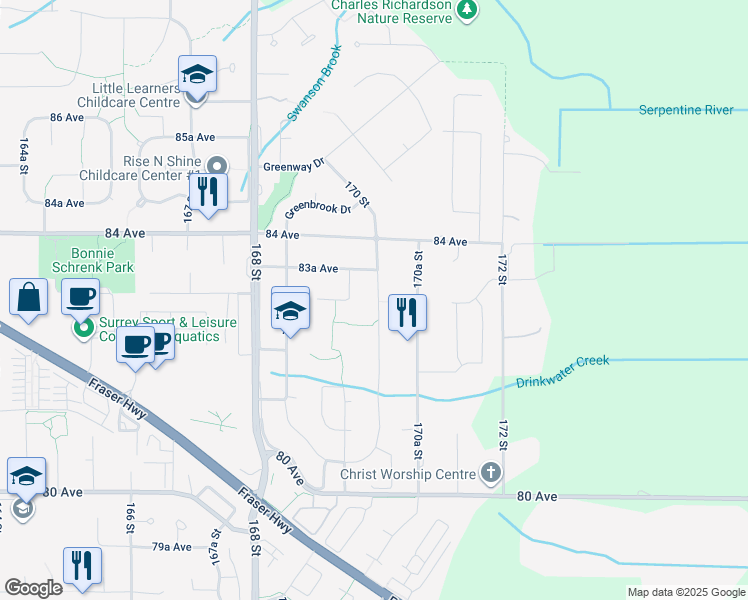 map of restaurants, bars, coffee shops, grocery stores, and more near 8311 170 Street in Surrey