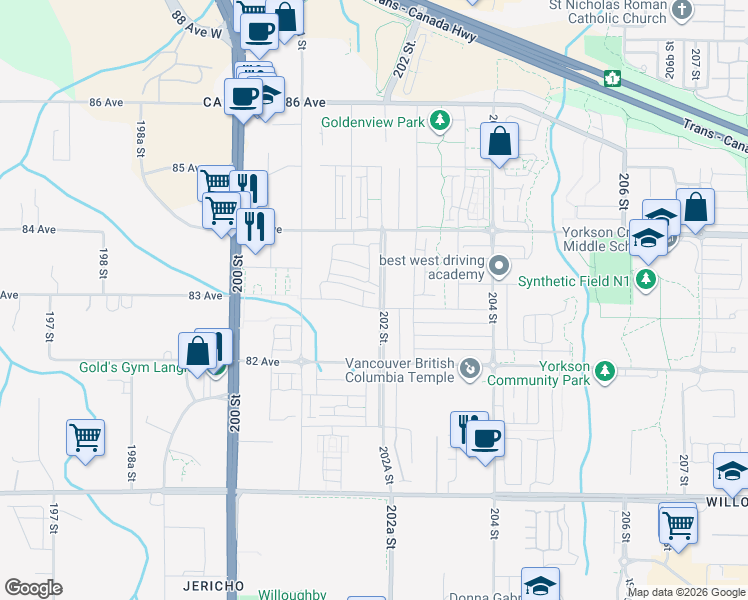 map of restaurants, bars, coffee shops, grocery stores, and more near 20185 83 Avenue in Langley Township