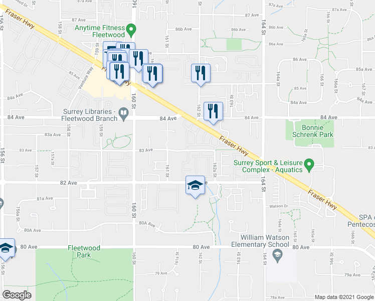 map of restaurants, bars, coffee shops, grocery stores, and more near 16130 83 Avenue in Surrey