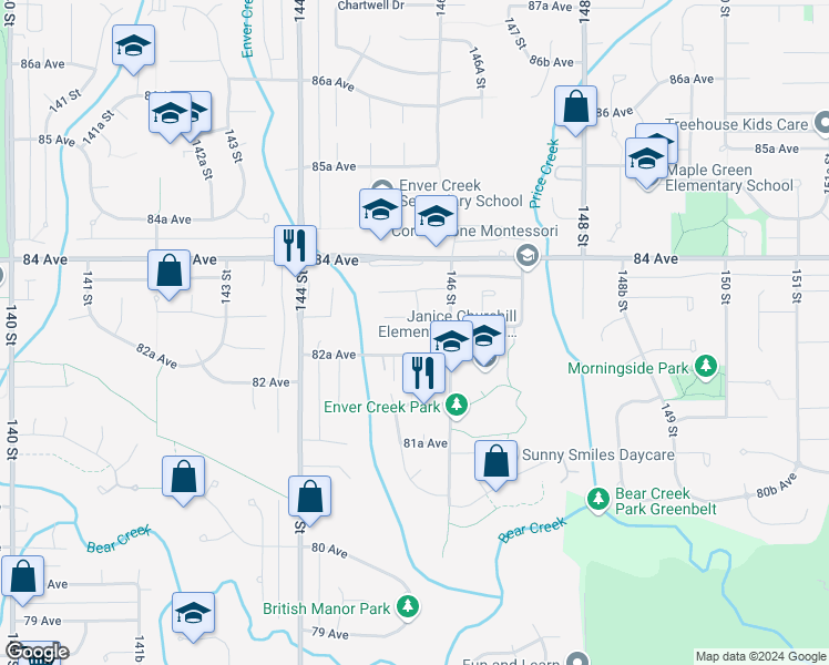 map of restaurants, bars, coffee shops, grocery stores, and more near 14536 83 Avenue in Surrey