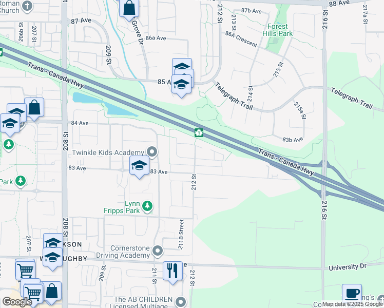 map of restaurants, bars, coffee shops, grocery stores, and more near 21195 83A Avenue in Langley Township